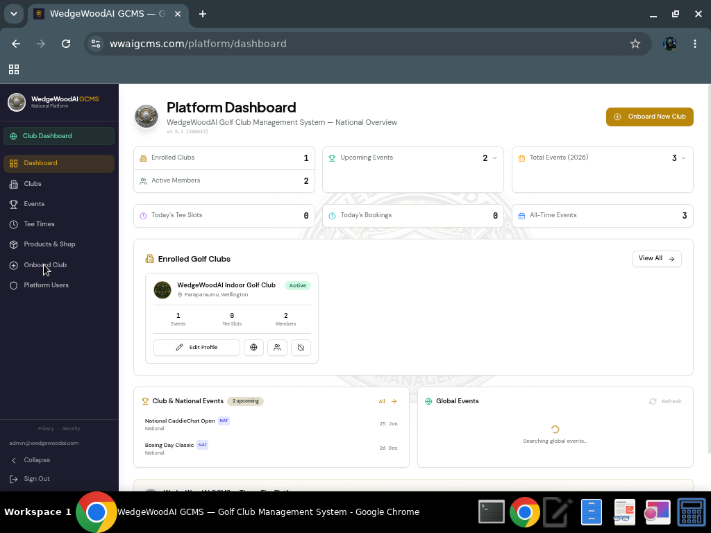 Platform dashboard — enrolled clubs, events, and real-time stats